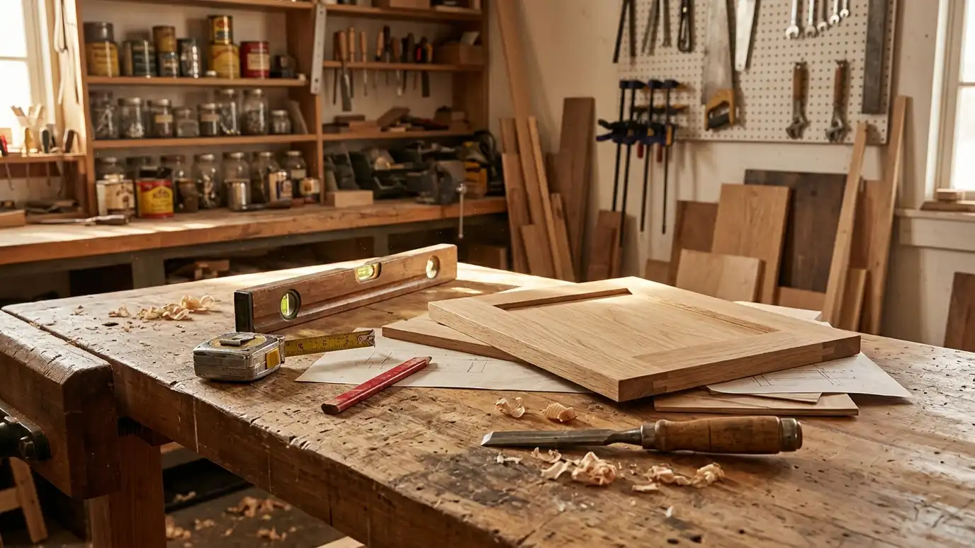A craftsperson workbench with a level, tape measure, pencil, chisel and a cabinet door sample in warm light