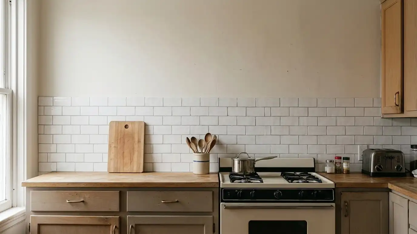 After: Bare wall gets a tile backsplash | Music City Kitchen Remodeling After: the wall behind the counter with a white handmade subway tile backsplash with light gray grout