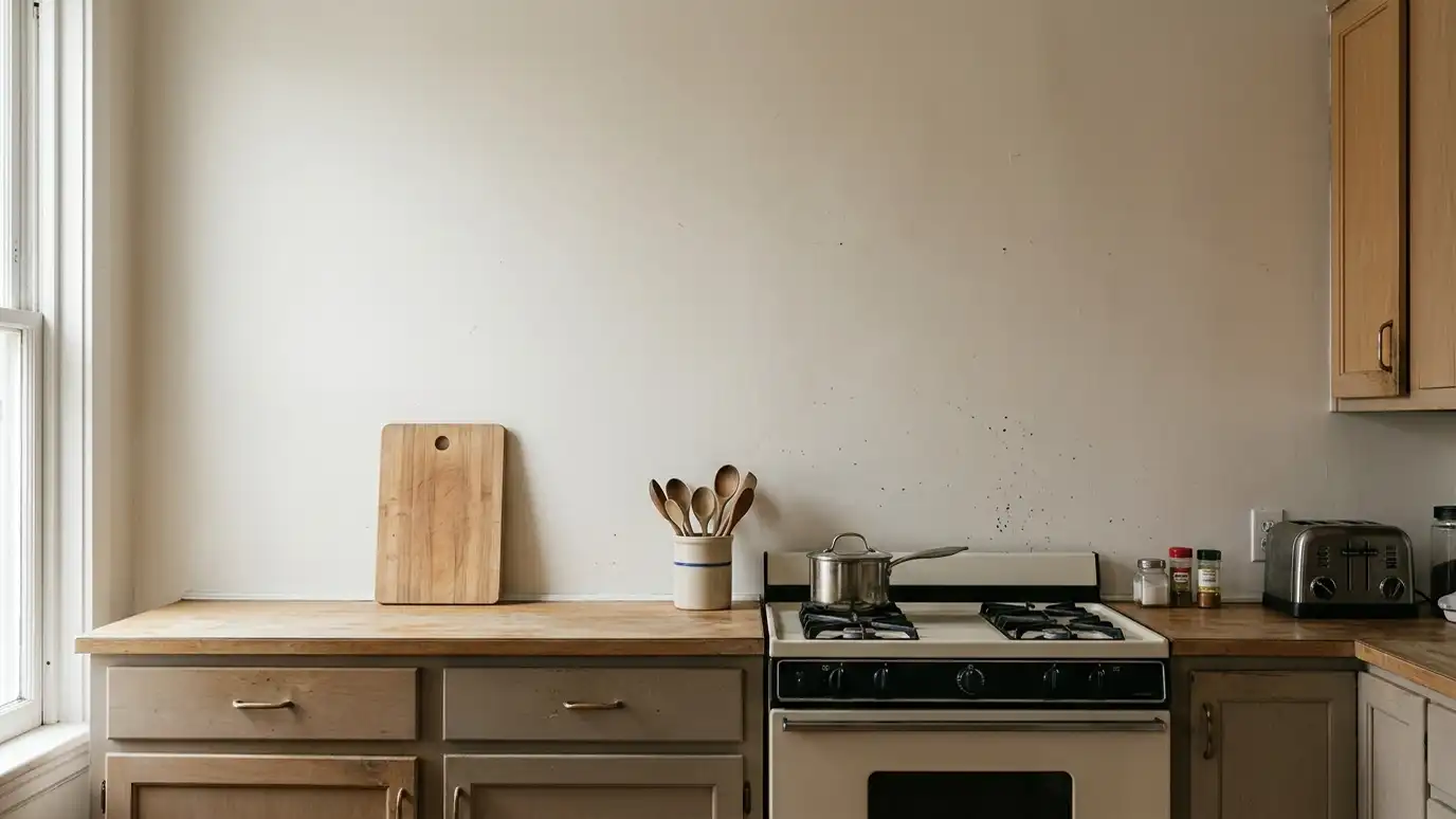 Before: the wall behind the counter with a bare painted wall with scuffs and no backsplash