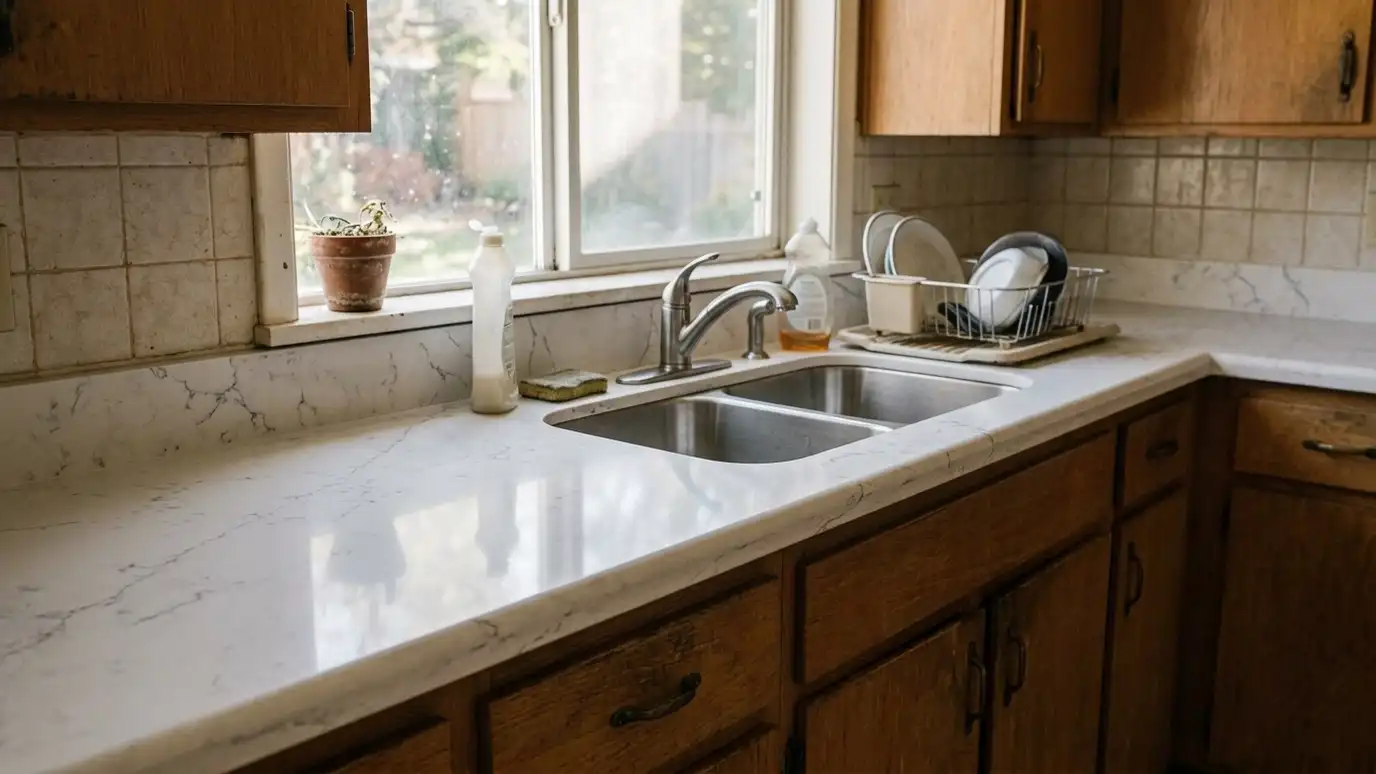 After: Worn laminate replaced with quartz | Music City Kitchen Remodeling After: a kitchen counter with veined white quartz with a modern undermount sink