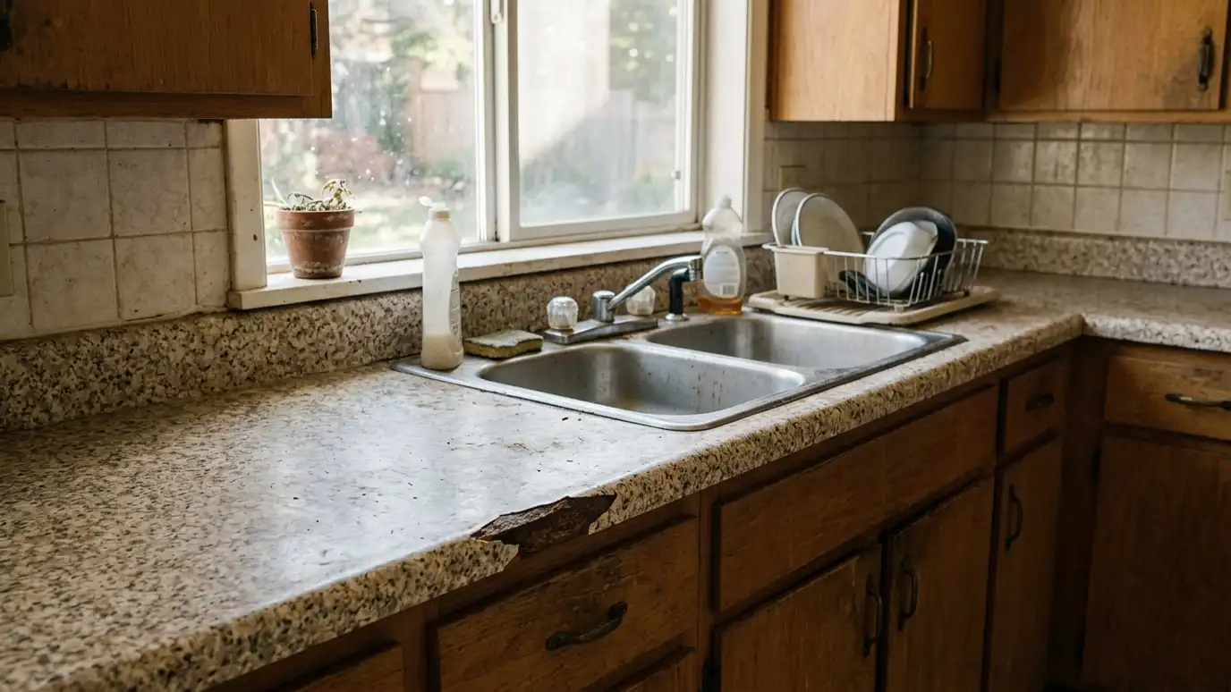 Before: a kitchen counter with worn speckled laminate with a chipped edge and a dated sink