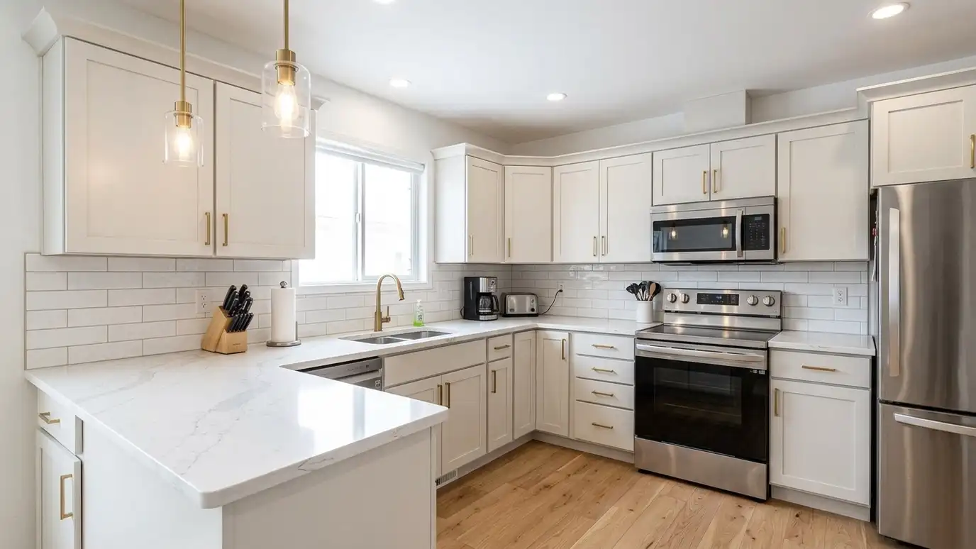After: Dated oak kitchen refreshed | Music City Kitchen Remodeling After: a 1990s kitchen with soft white shaker cabinets, quartz counters, a white subway tile backsplash, brass pulls, pendant lights and light wood floors