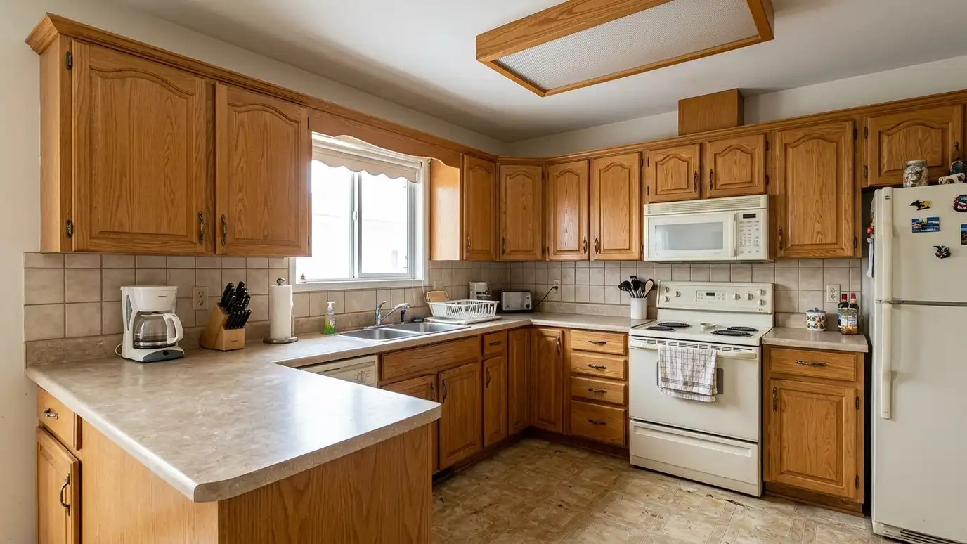 Before: a 1990s kitchen with honey oak cabinets, laminate counters, a beige tile backsplash and worn vinyl floor