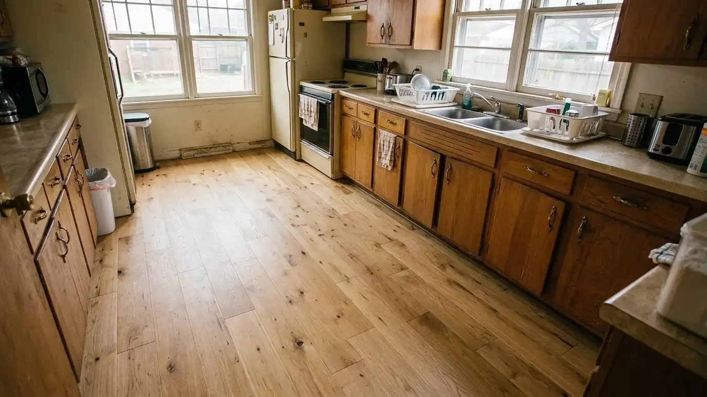 After: Worn linoleum becomes oak | Music City Kitchen Remodeling After: a kitchen floor with wide-plank light oak hardwood