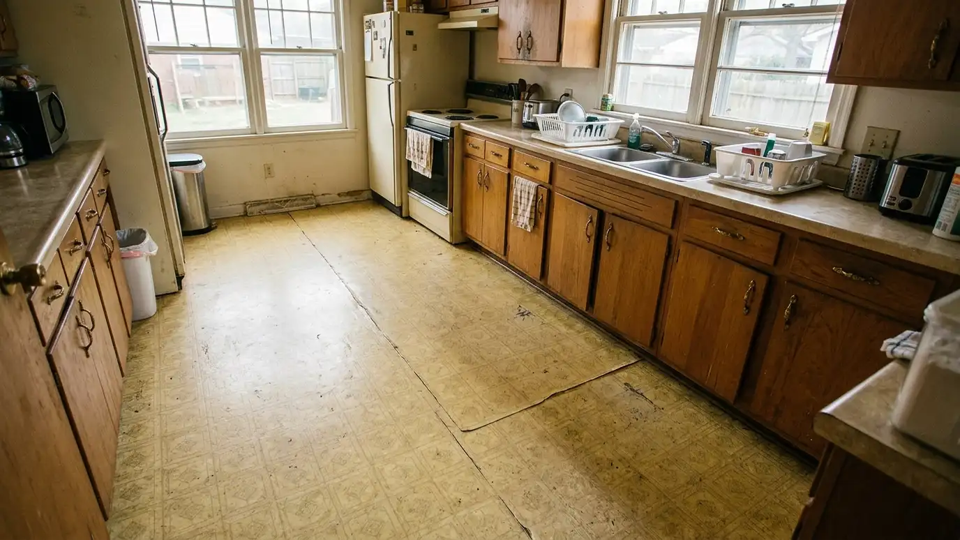 Before: a kitchen floor with yellowed linoleum with scuffs and seams