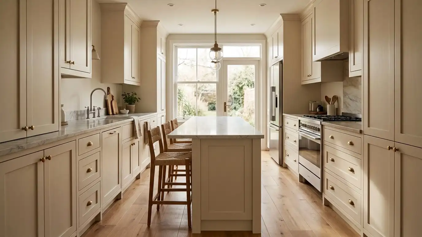 After: Empty galley gains an island | Music City Kitchen Remodeling After: a galley kitchen with a long quartz island with three stools and two pendant lights