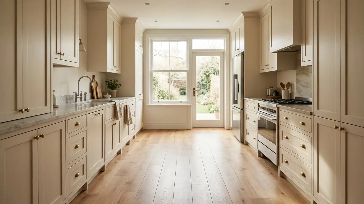 Before: a galley kitchen with cabinets on both sides and an empty center