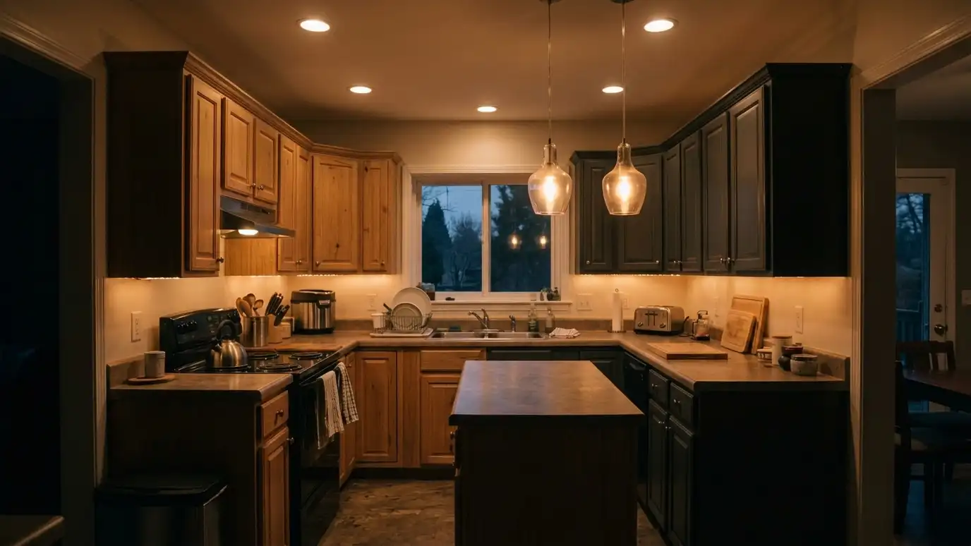 After: Dim kitchen gets layered light | Music City Kitchen Remodeling After: a kitchen at dusk with recessed lights, two glass pendants and glowing under-cabinet lights