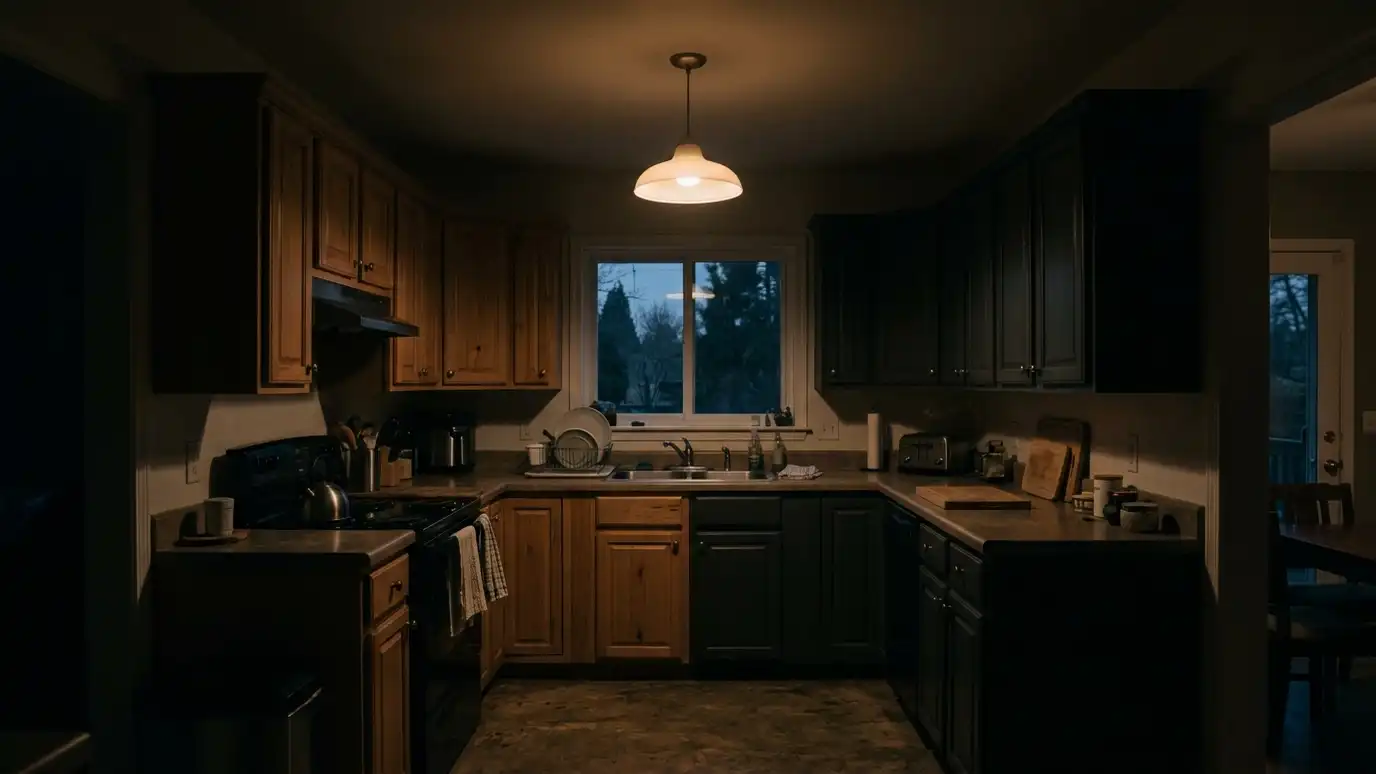 Before: a kitchen at dusk with a single dim ceiling fixture and dark corners