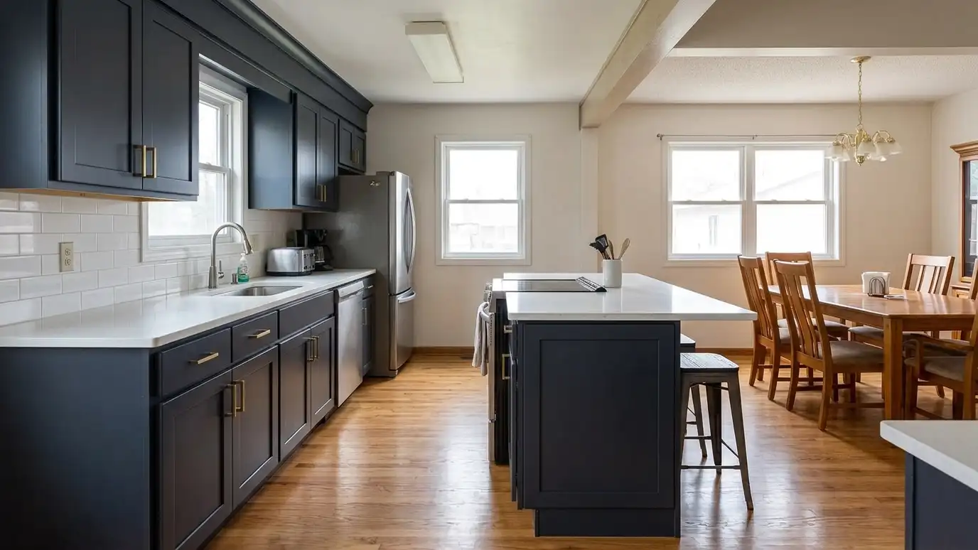 After: Closed-off kitchen opened up | Music City Kitchen Remodeling After: an older kitchen with an open concept with an island where the wall stood, a clean beam overhead and a view into the dining room