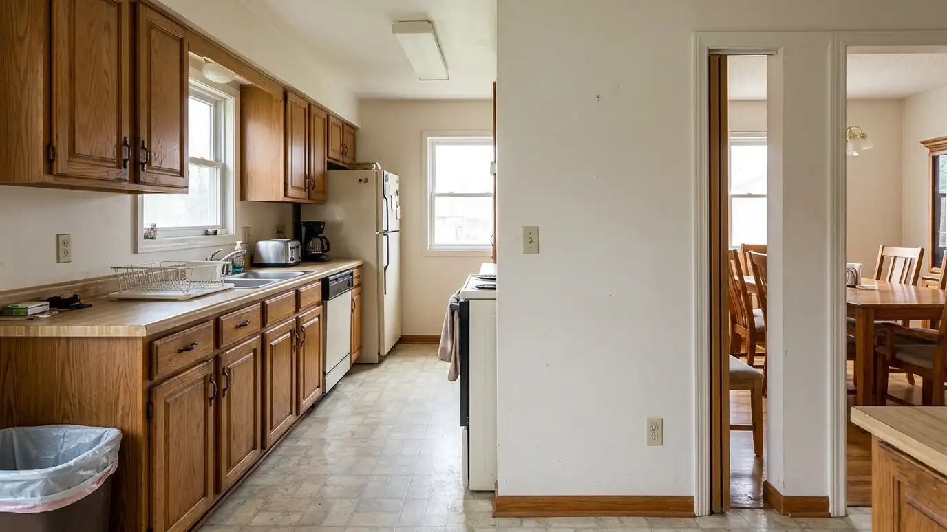 Before: an older kitchen with a solid wall and a narrow doorway between the kitchen and the dining room