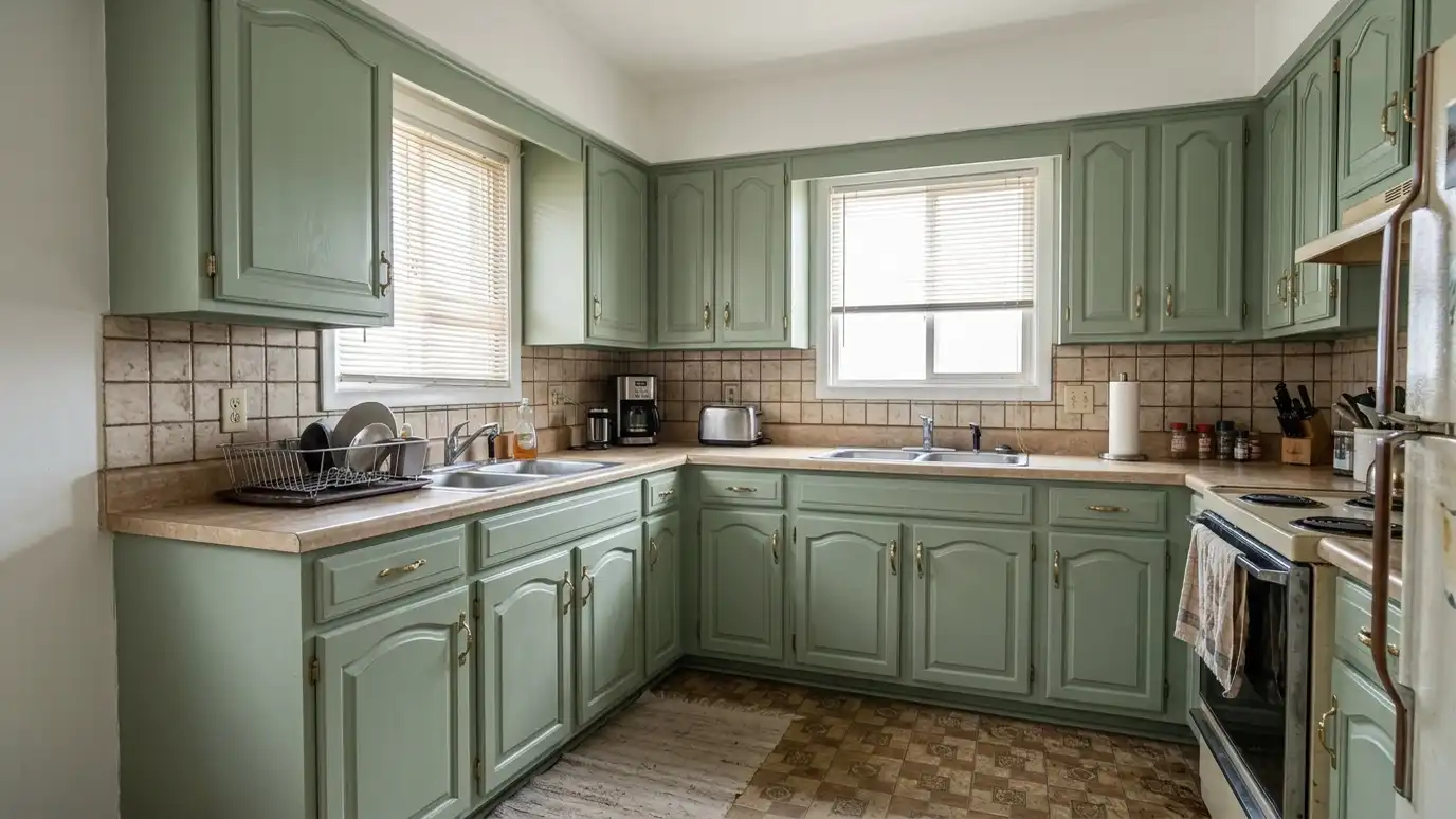 After: Brown cabinets painted sage green | Music City Kitchen Remodeling After: a kitchen with cabinets painted a soft sage green with brass hardware and brighter walls