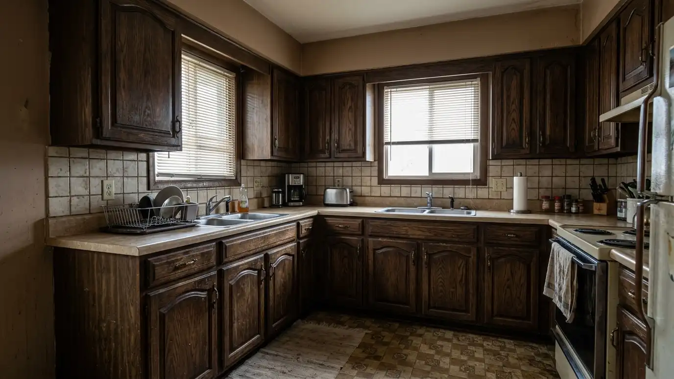 Before: a kitchen with dark, dated brown stained cabinets and a dull wall color