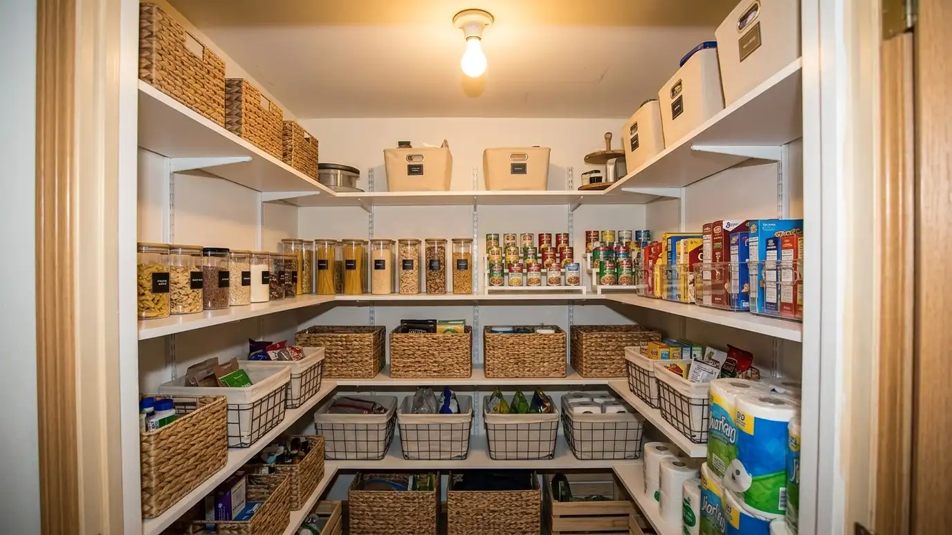 After: Messy closet becomes a pantry | Music City Kitchen Remodeling After: a closet with white adjustable shelves, glass jars, baskets and warm lighting