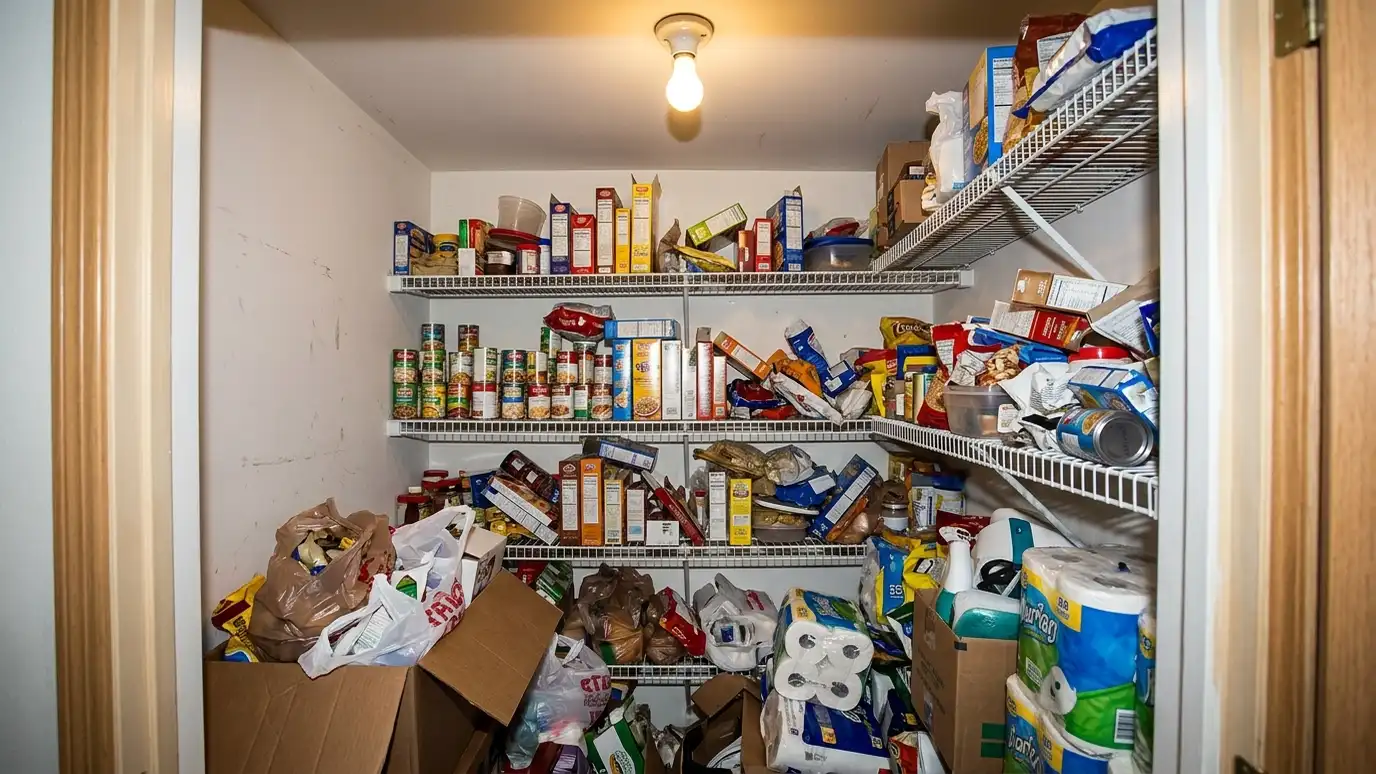 Before: a closet with bare wire shelves overflowing with groceries and boxes