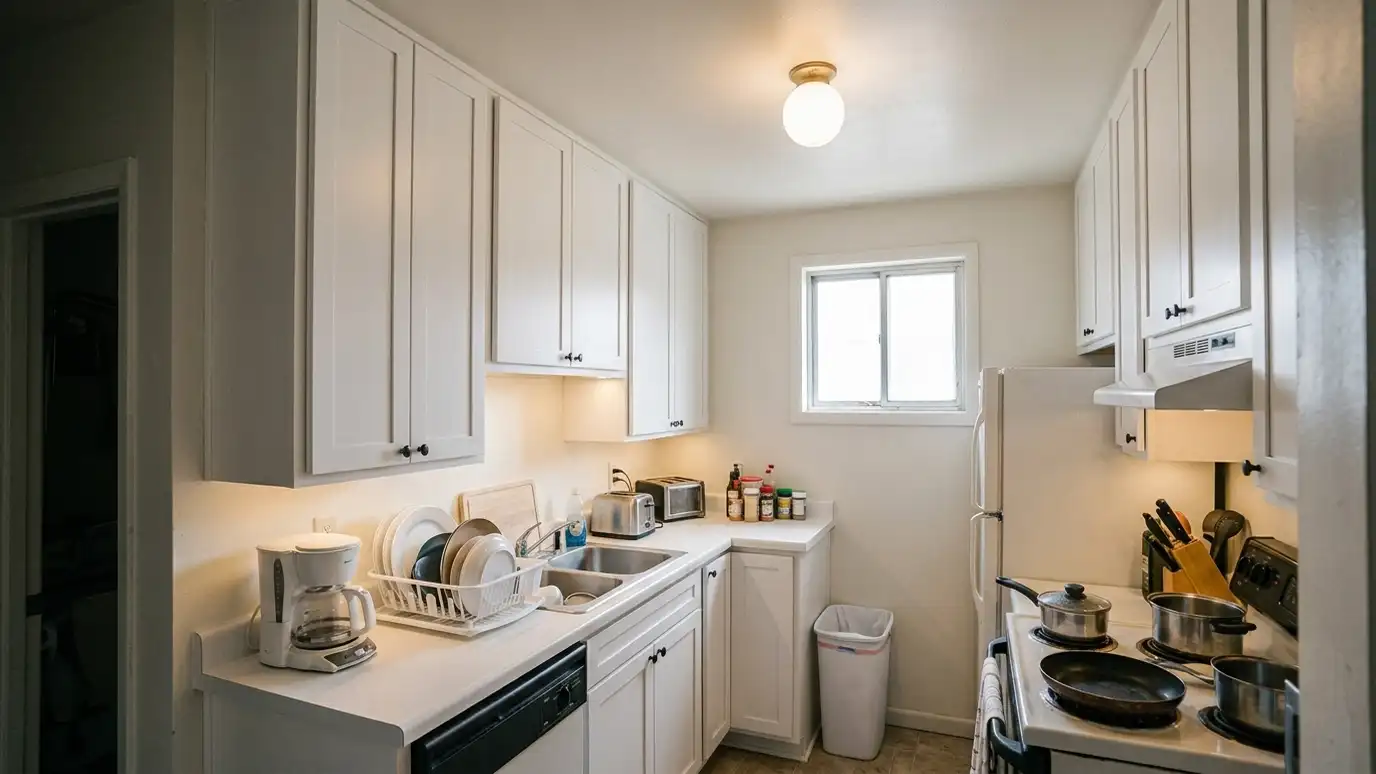 After: Cramped kitchen made bright | Music City Kitchen Remodeling After: a small kitchen with white cabinets to the ceiling, under-cabinet lighting, tidy counters and a brighter feel