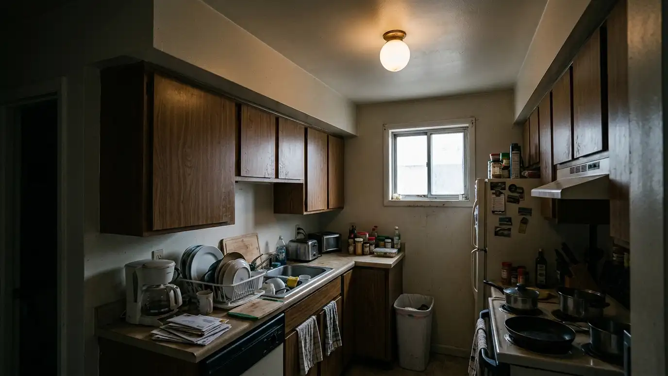 Before: a small kitchen with a low soffit, clutter on the counters and one dim ceiling light