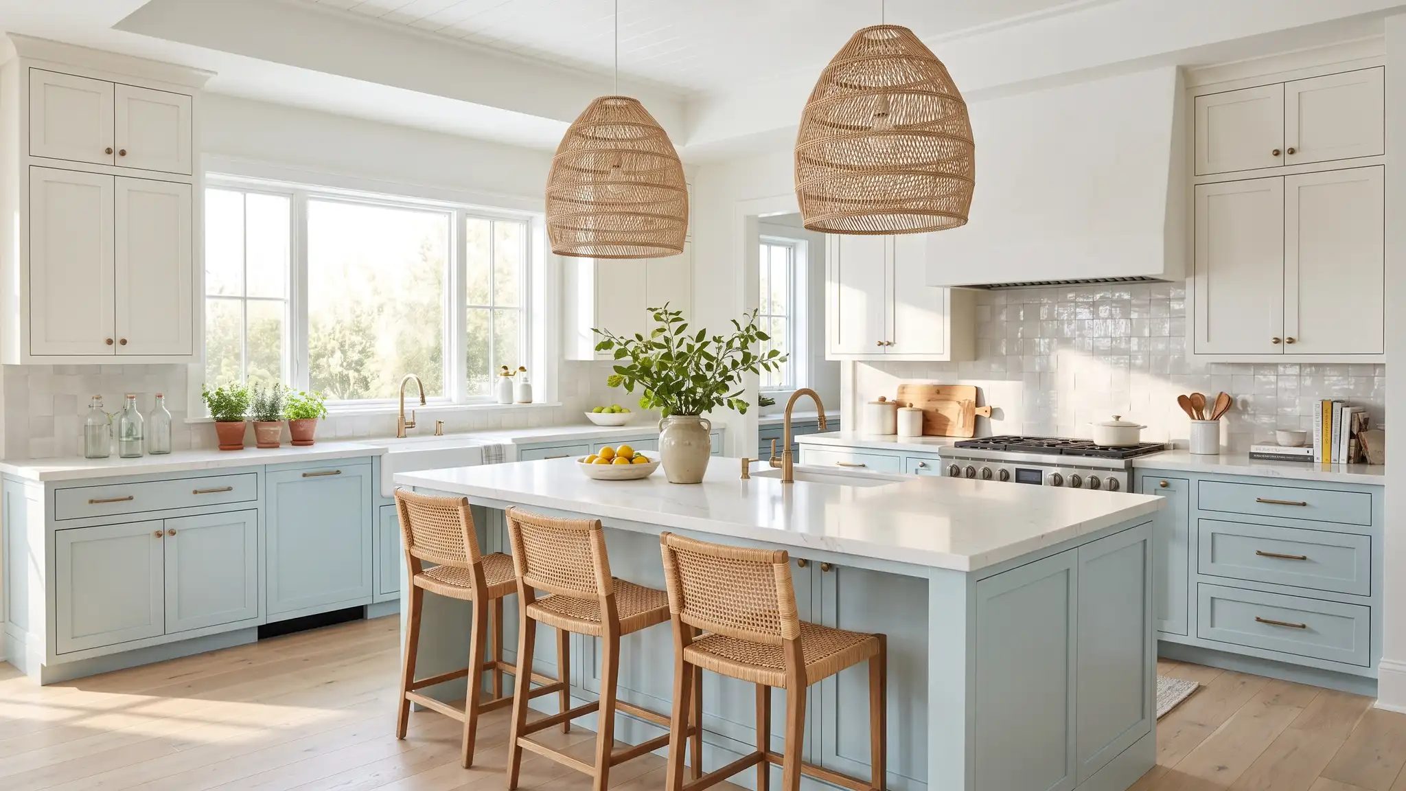 Light and airy | Music City Kitchen Remodeling A light and airy coastal-style kitchen with white and pale blue cabinets, rattan pendants and bleached wood floors