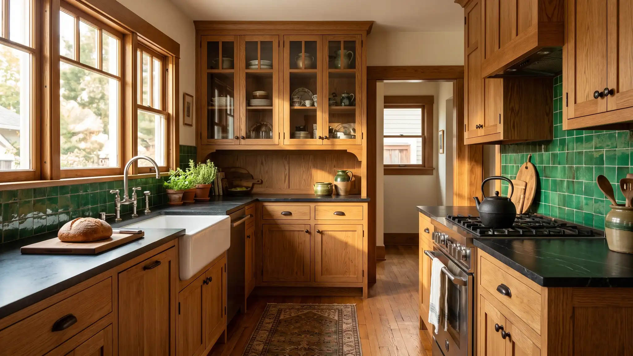 Craftsman | Music City Kitchen Remodeling A craftsman bungalow kitchen with stained oak cabinets, a built-in hutch, handmade green tile and warm afternoon light