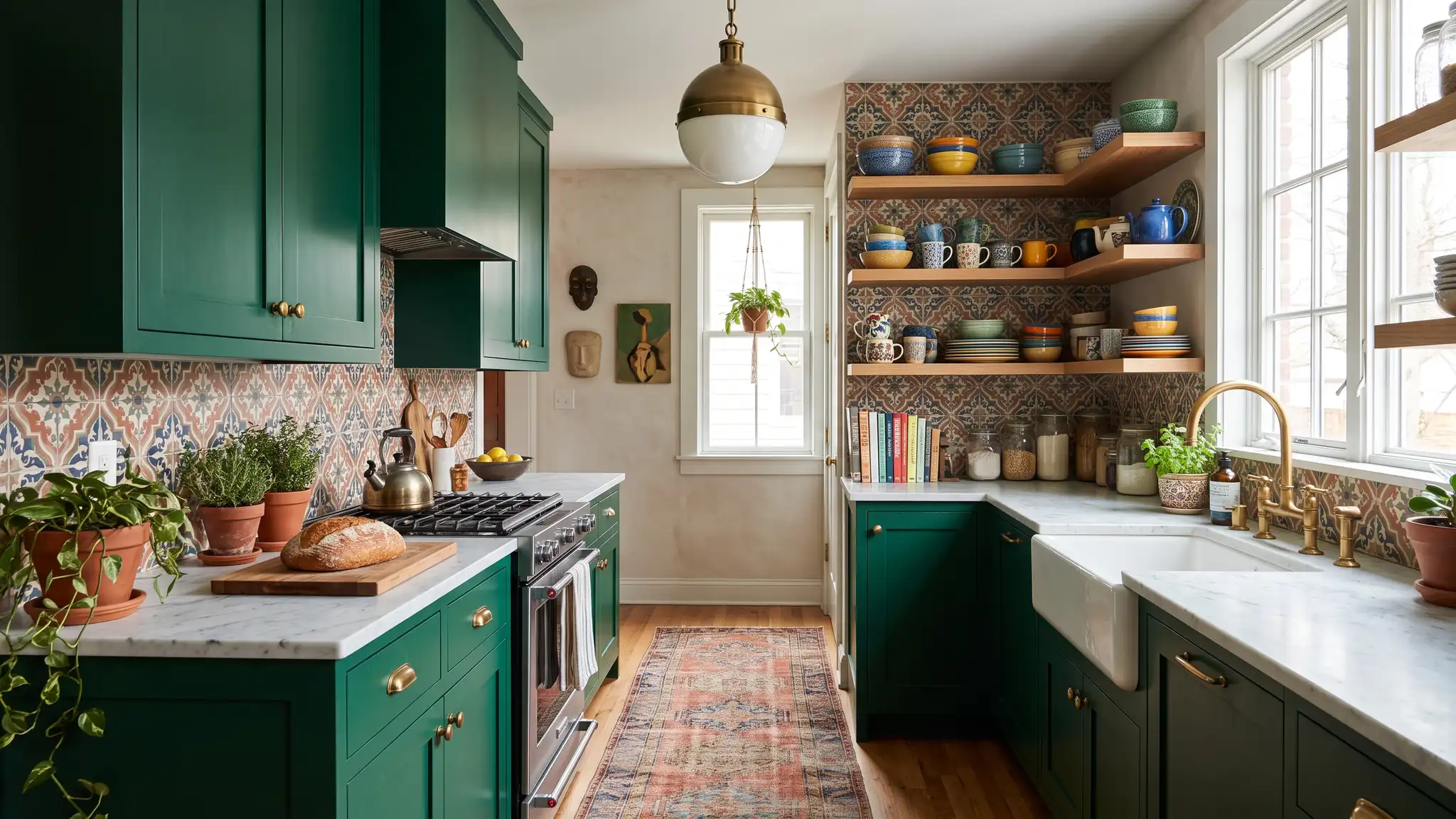A bold eclectic kitchen with deep emerald cabinets, brass hardware, patterned tile and open shelves of ceramics