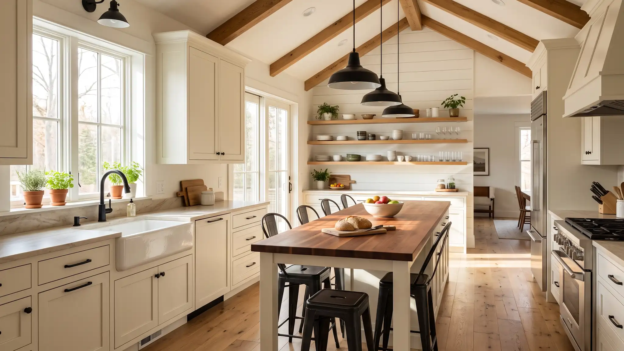 Modern farmhouse | Music City Kitchen Remodeling A modern farmhouse kitchen with creamy white cabinets, an apron-front sink, a butcher block island, open oak shelves and black pendant lights