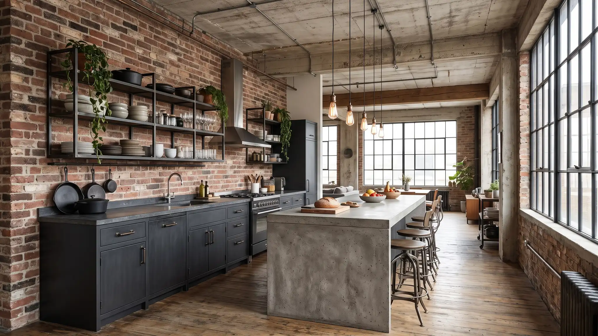 Industrial loft | Music City Kitchen Remodeling An industrial loft kitchen with exposed brick, black steel shelves, charcoal cabinets and filament pendant lights