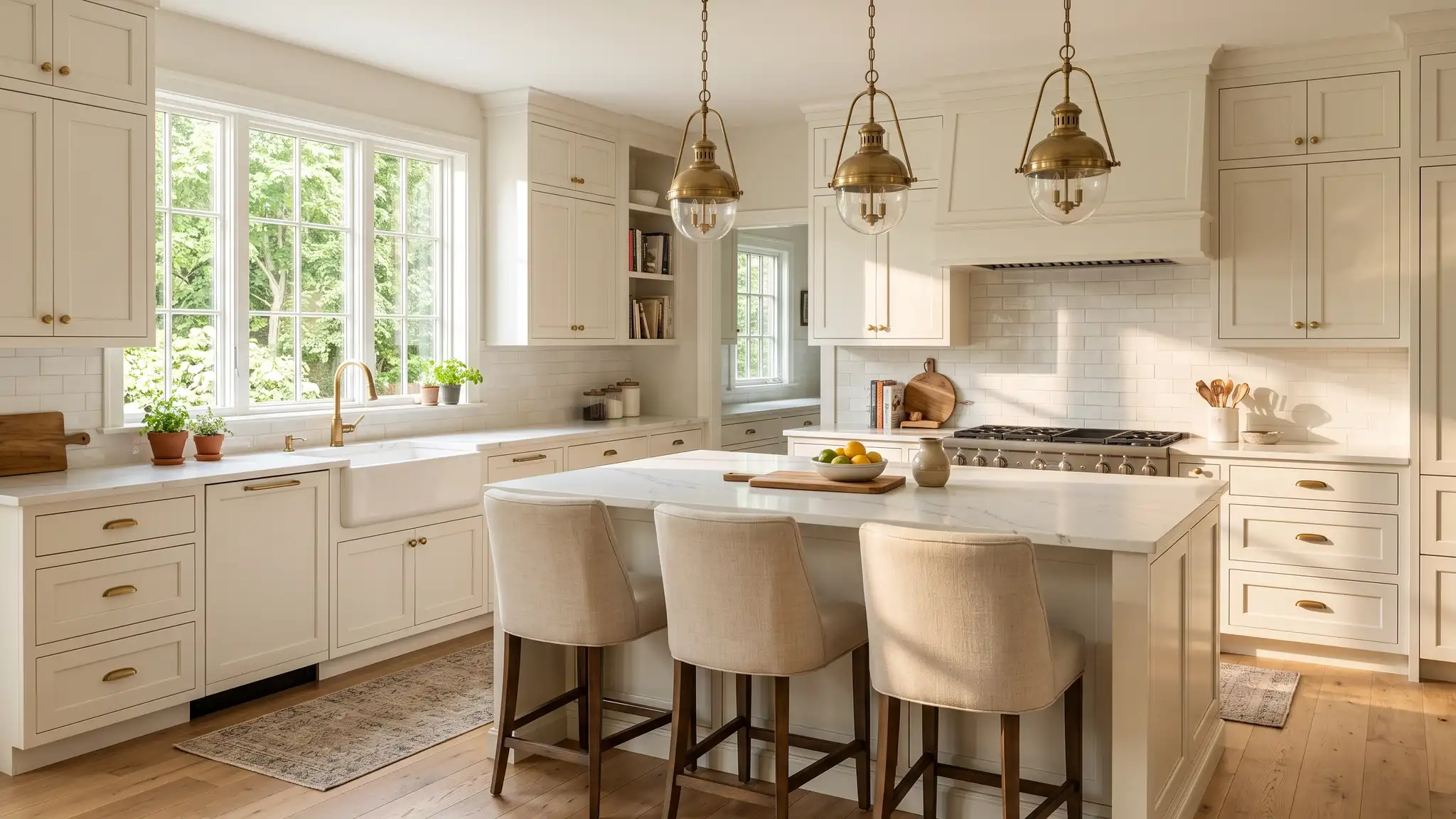 Music City Kitchen Remodeling | Kitchen remodeling in Nashville, TN A bright transitional kitchen with soft white shaker cabinets, a large quartz island with stools, brass pendant lights and a farmhouse sink under a big window