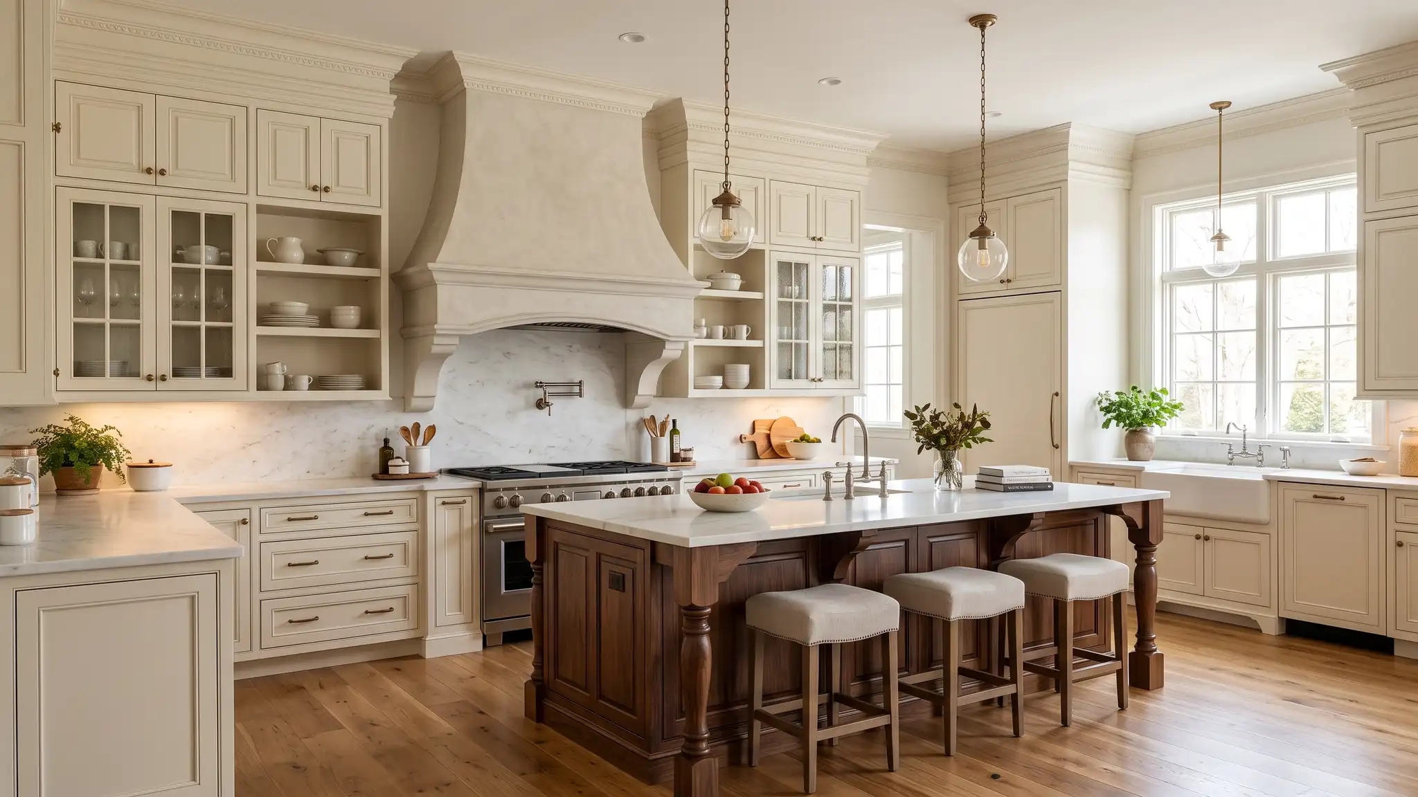 Traditional | Music City Kitchen Remodeling A grand traditional kitchen with cream raised-panel cabinetry, crown molding, a plaster range hood and marble counters