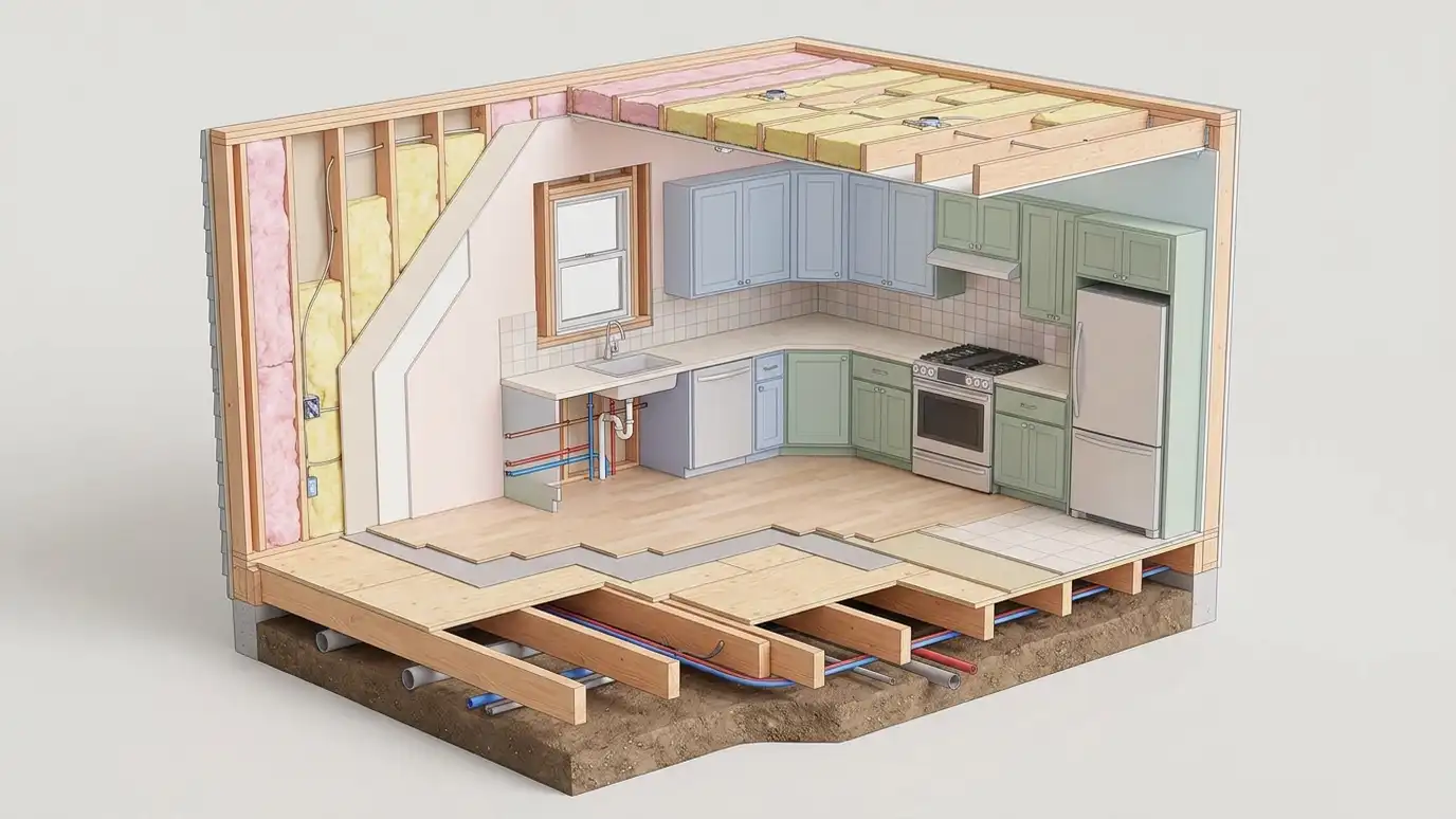 A cutaway illustration of a kitchen showing the hidden layers: floor joists and subfloor, plumbing and electrical lines in the walls, insulation, cabinets and countertop