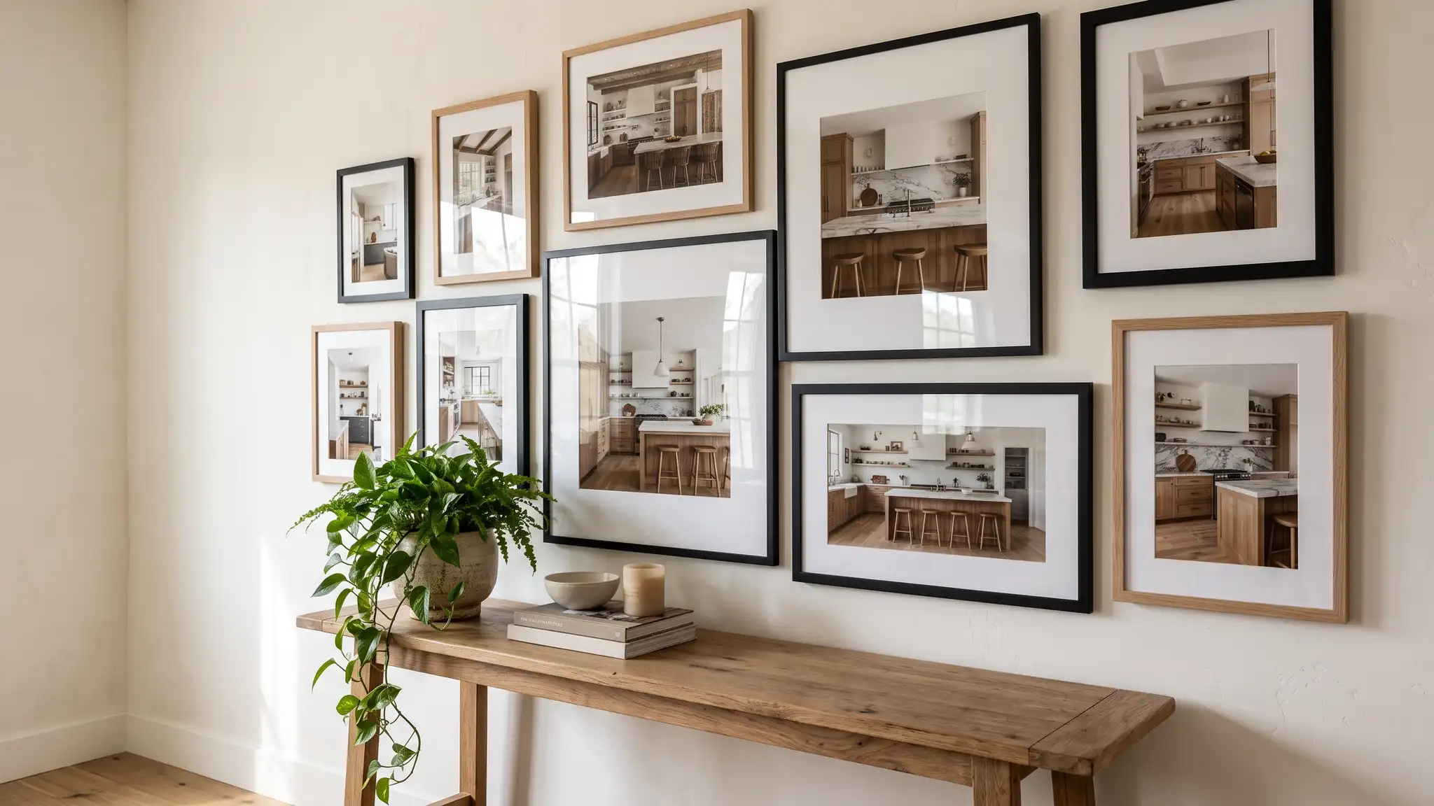 Kitchen remodeling gallery | Music City Kitchen Remodeling A wall of framed photographs of beautiful finished kitchens above a console table