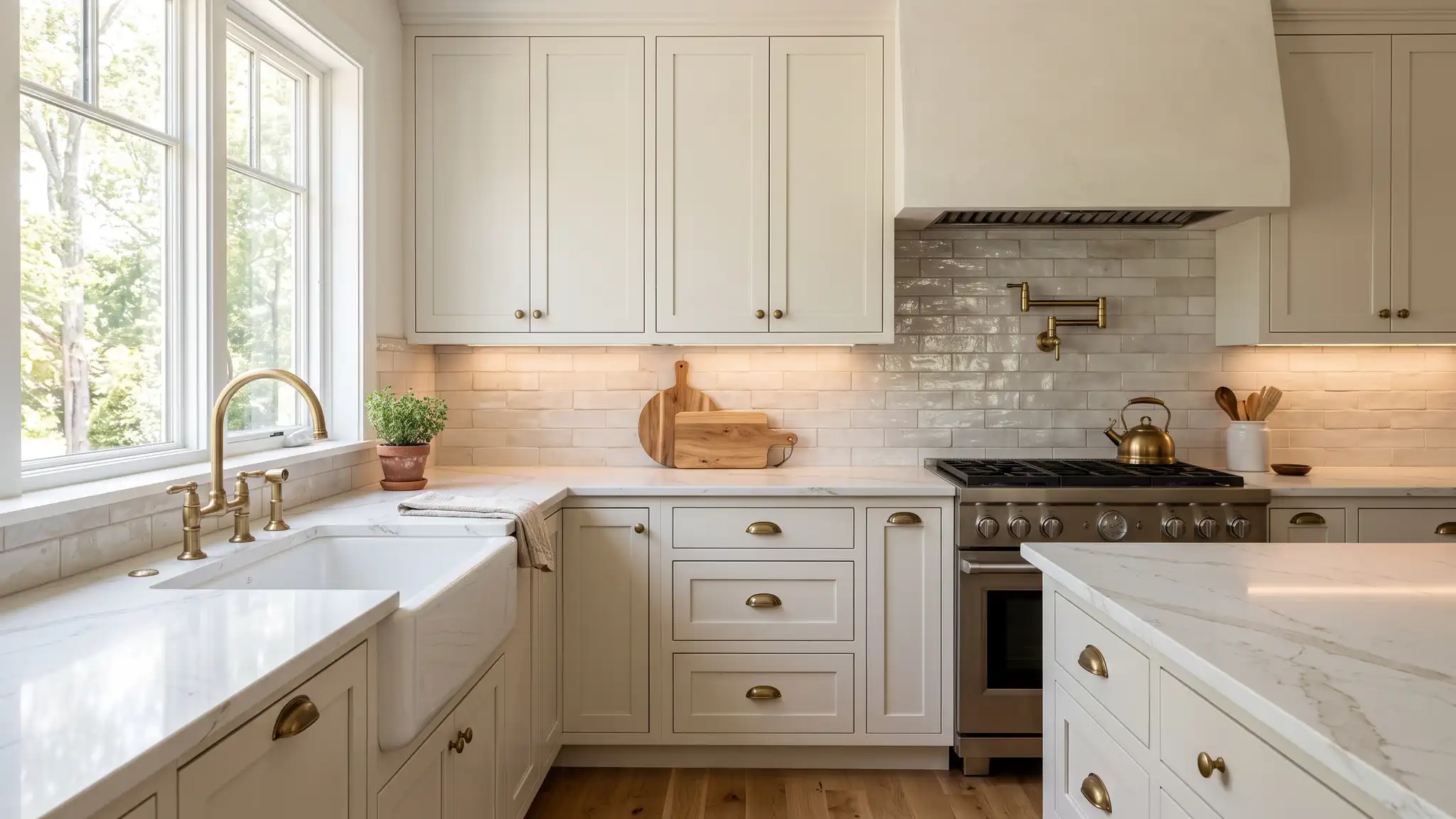 A beautiful finished kitchen with shaker cabinets, brass pulls, a veined quartz counter, a tile backsplash and a farmhouse sink