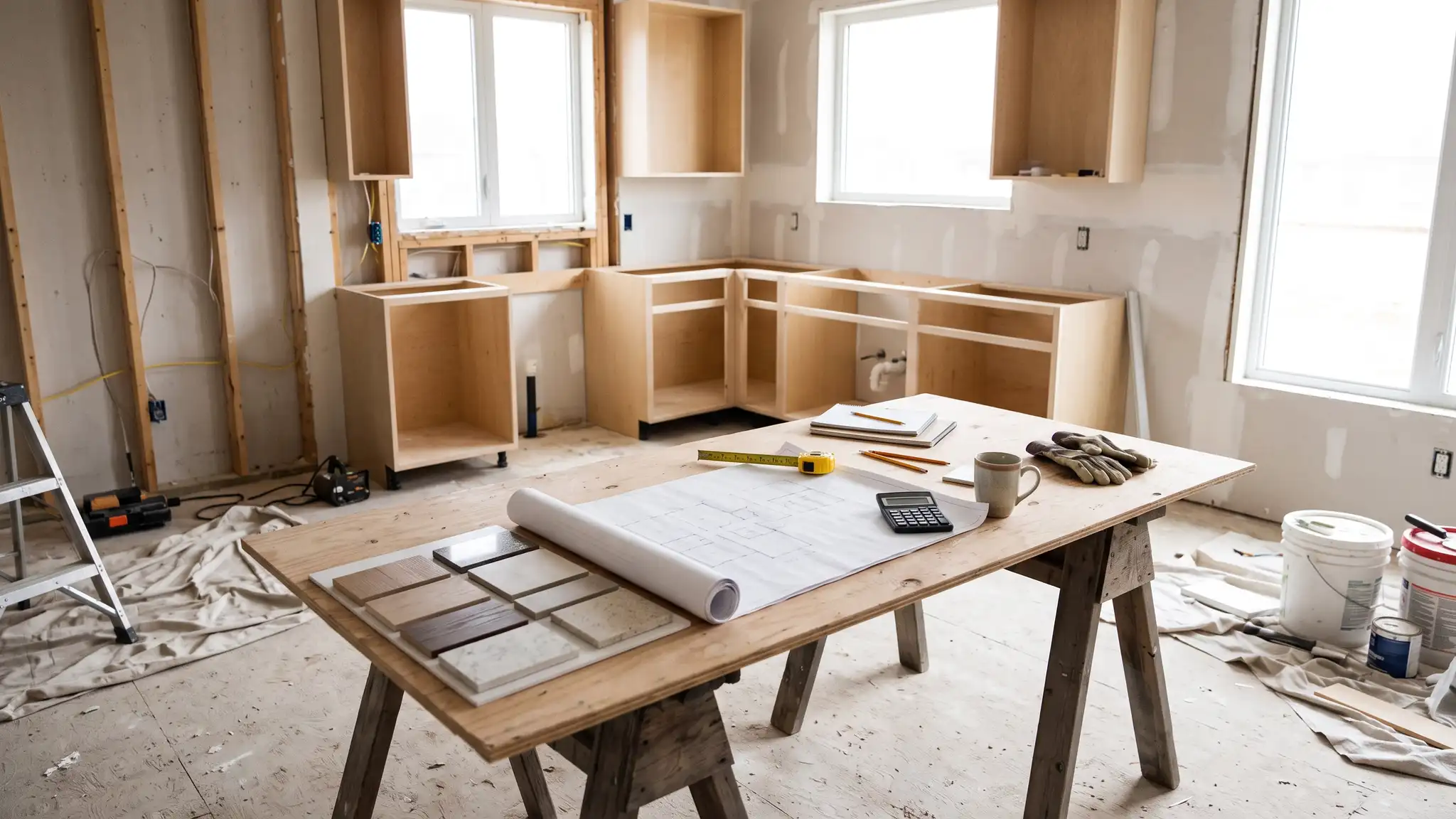Kitchen remodeling tools and calculators | Music City Kitchen Remodeling A planning desk in a half-finished kitchen with a rolled floor plan, a tape measure, a calculator and a sample board