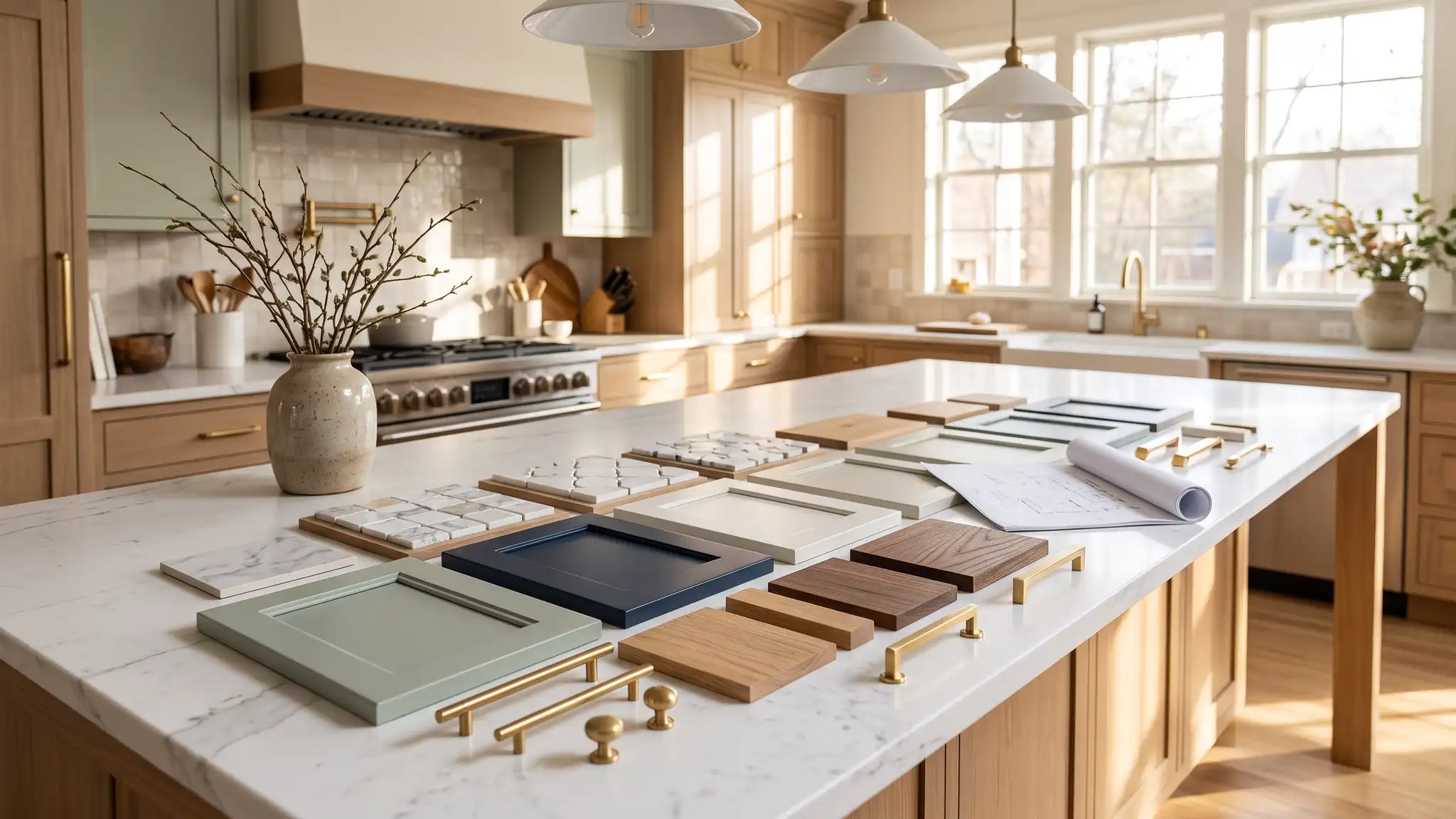 Kitchen styles and remodeling guides | Music City Kitchen Remodeling A bright home kitchen with a row of style samples laid on a long white island