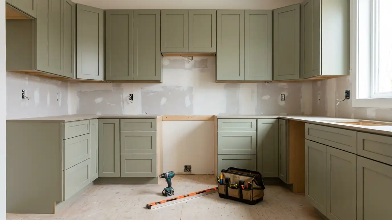Our kitchen remodeling process | Music City Kitchen Remodeling Newly installed kitchen cabinets in a room under construction with a drill, a level and a tool bag on the floor