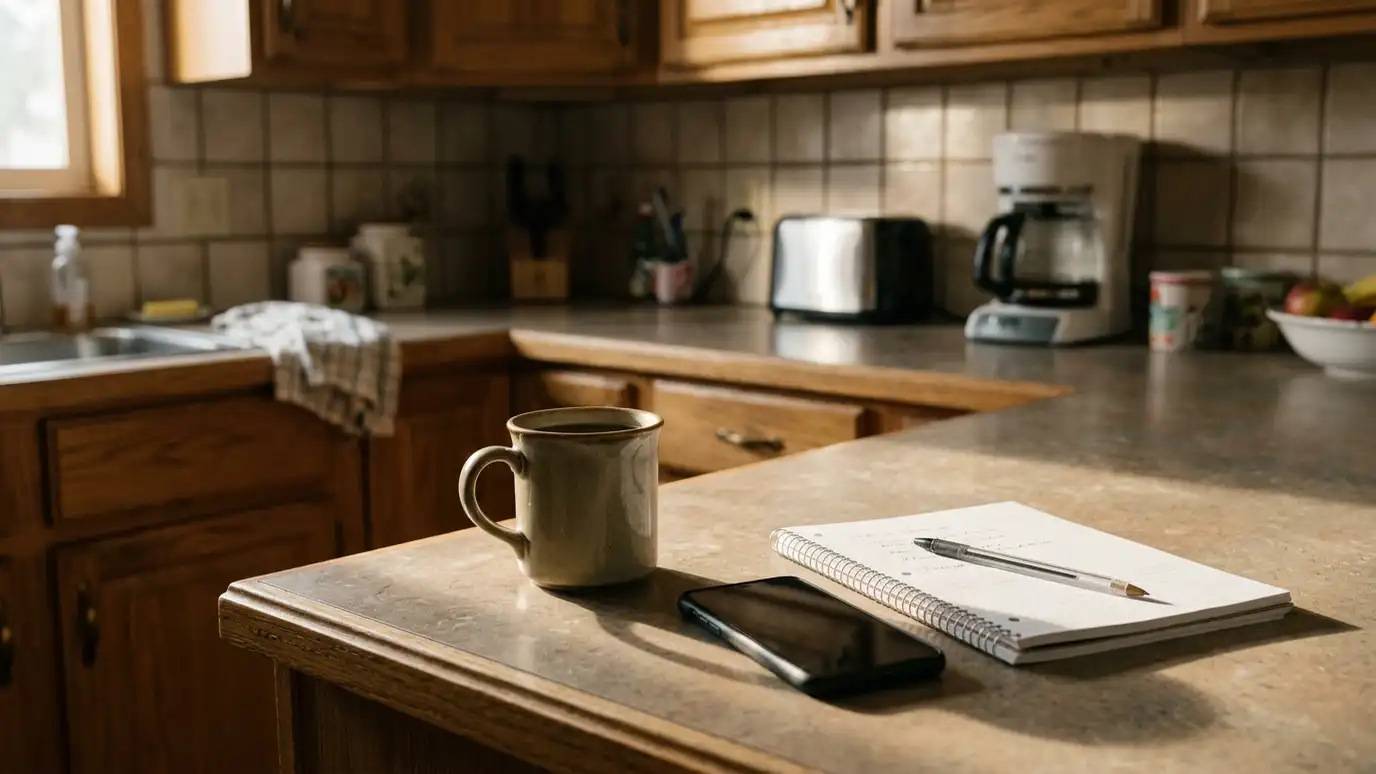A phone and a coffee cup on a kitchen counter next to a notebook and a pen in morning light