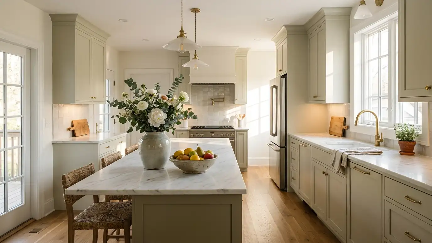 A finished kitchen with clean counters, a vase of flowers and a bowl of fruit in soft morning light