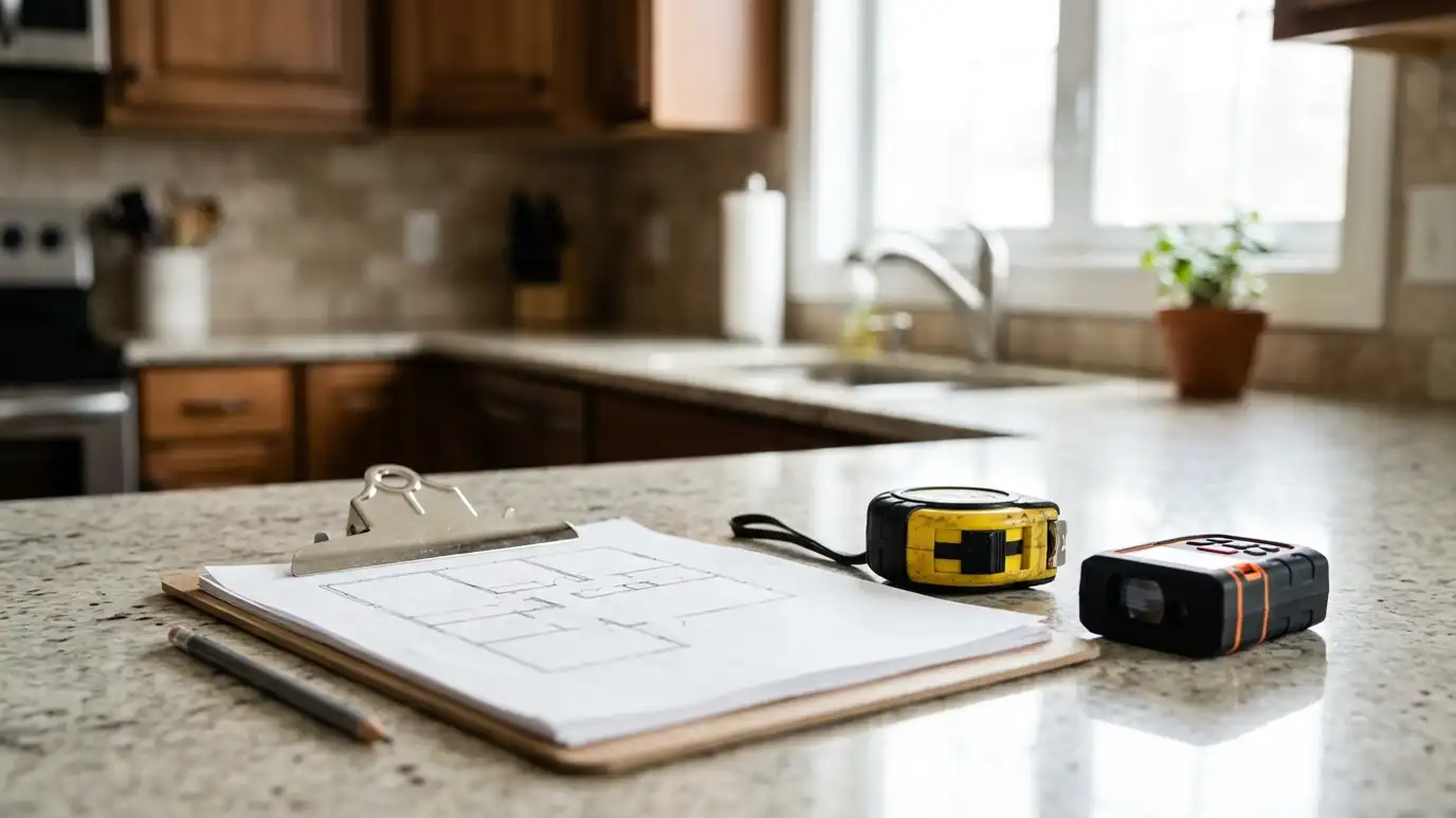 A laser measure and a tape measure on a kitchen counter with a clipboard