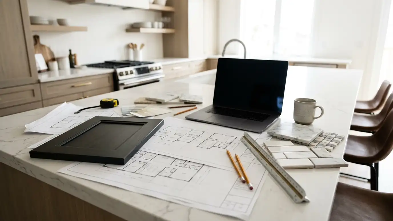 A kitchen island covered with floor plans, a cabinet door sample and tile samples
