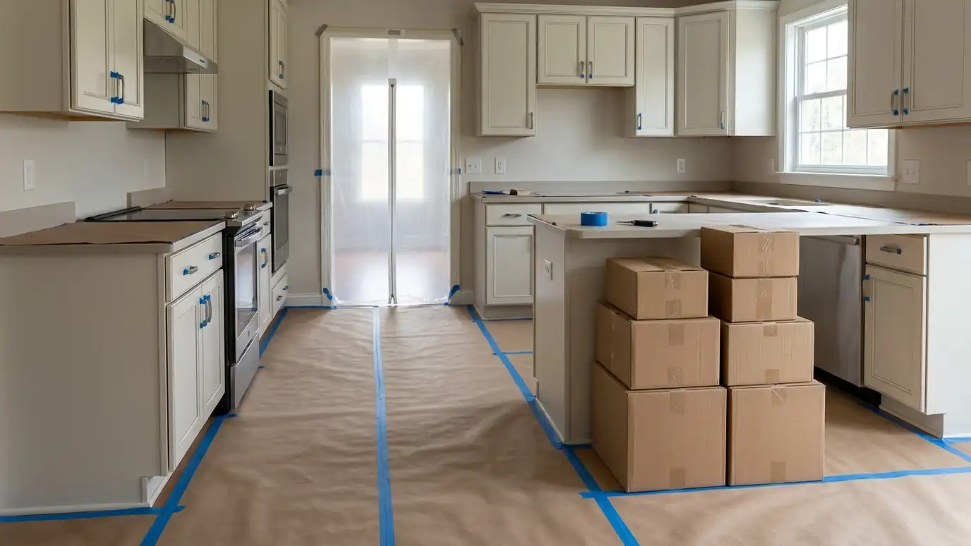 A kitchen prepared for remodeling with floor protection paper and a plastic dust barrier at the doorway