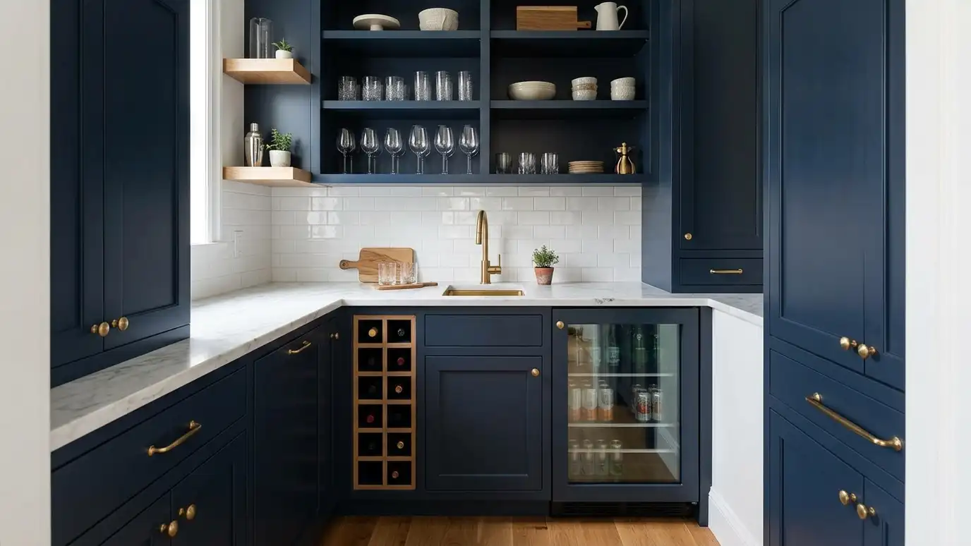 A navy butler pantry with brass hardware, a bar sink and a wine rack A navy butler pantry with brass hardware, a bar sink and a wine rack