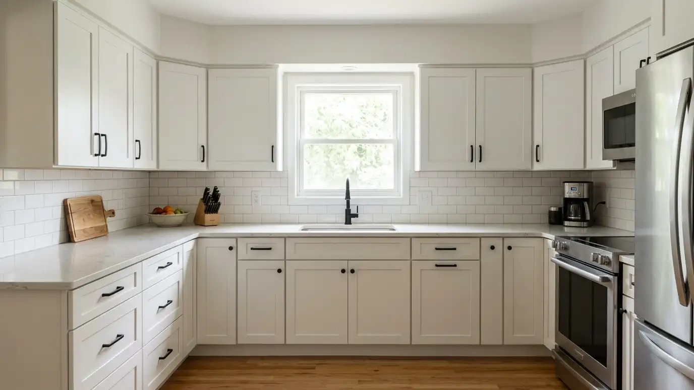 A kitchen with freshly refaced white shaker cabinets and new black pulls
