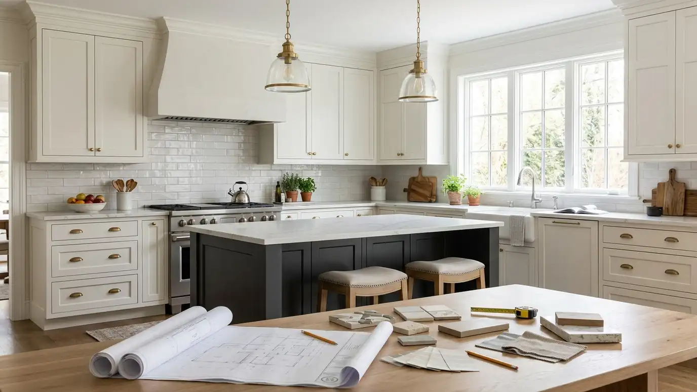 A finished transitional kitchen with design drawings and samples on a table