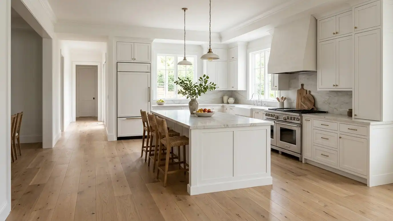 Wide-plank white oak floors running through a bright kitchen Wide-plank white oak floors running through a bright kitchen