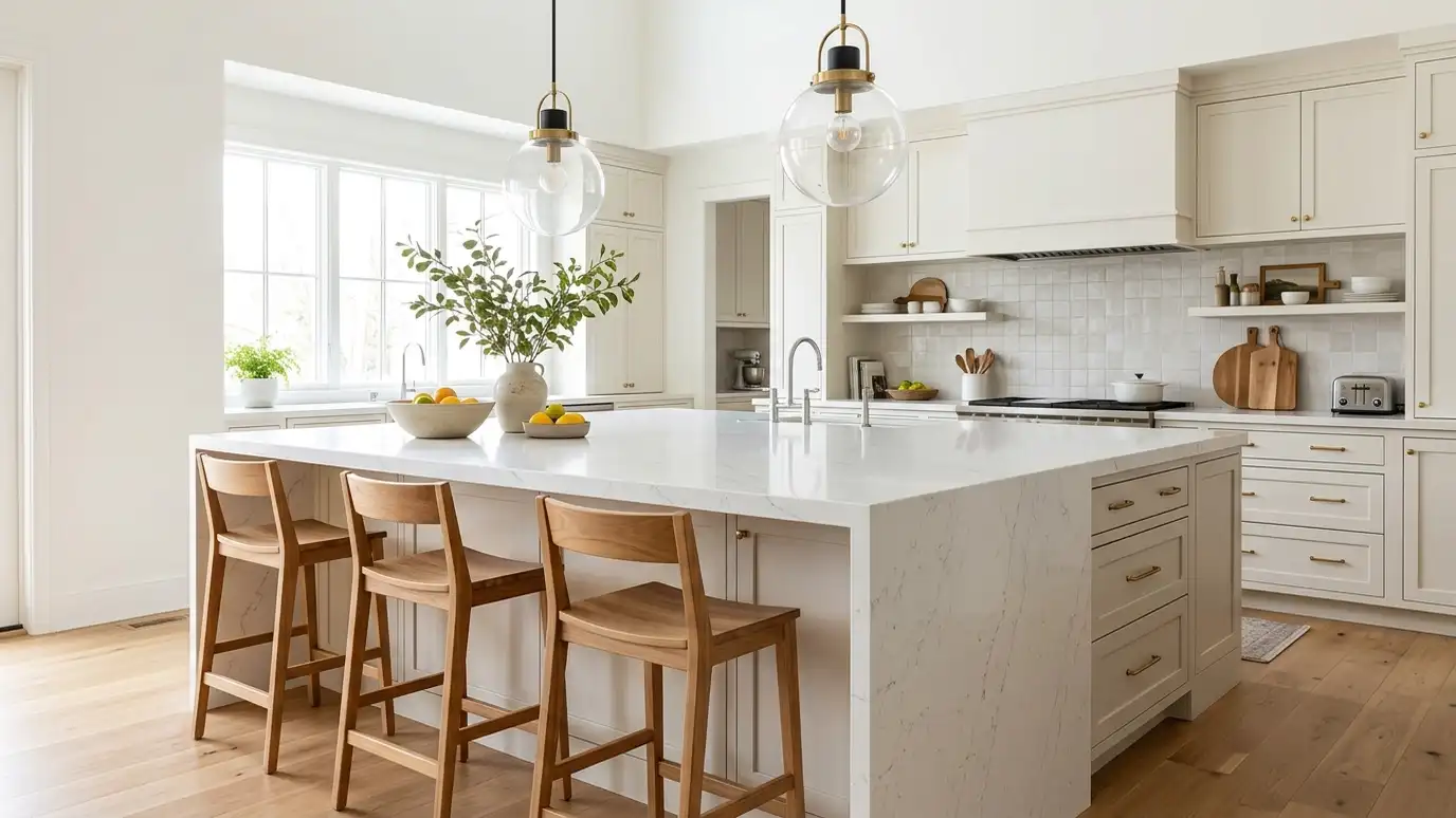 A large island with a waterfall quartz top, three stools and two pendants A large island with a waterfall quartz top, three stools and two pendants