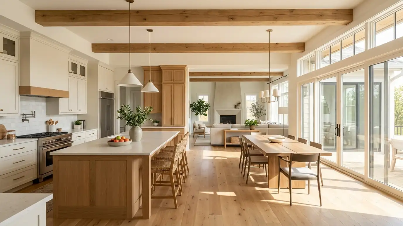 A bright open-concept kitchen flowing into the dining and living areas