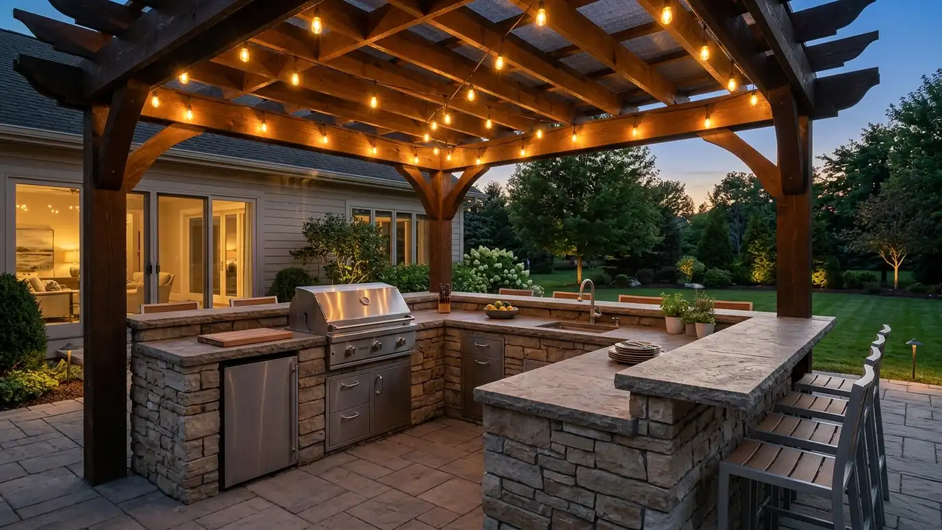 A covered outdoor kitchen with a grill, stone counters and string lights A covered outdoor kitchen with a grill, stone counters and string lights