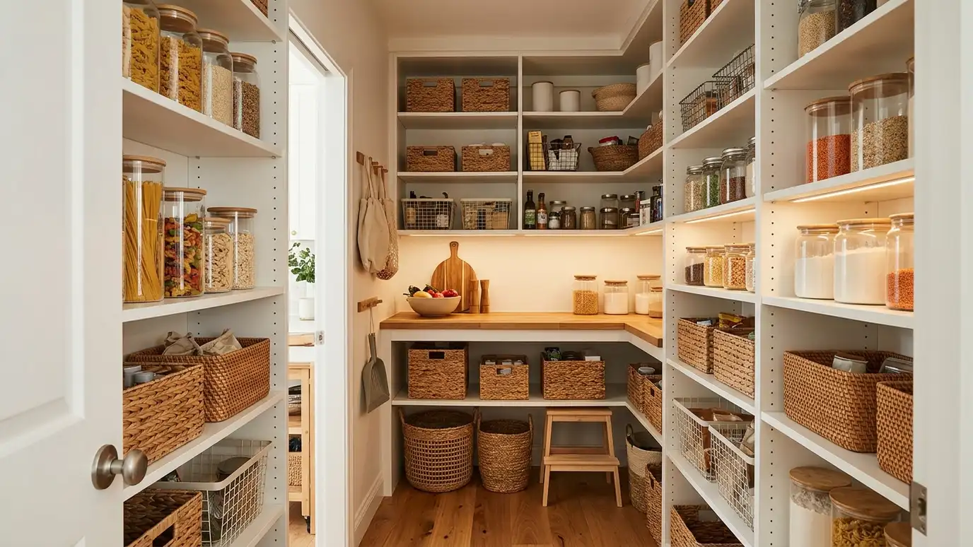 A walk-in pantry with adjustable shelves, glass jars and baskets A walk-in pantry with adjustable shelves, glass jars and baskets
