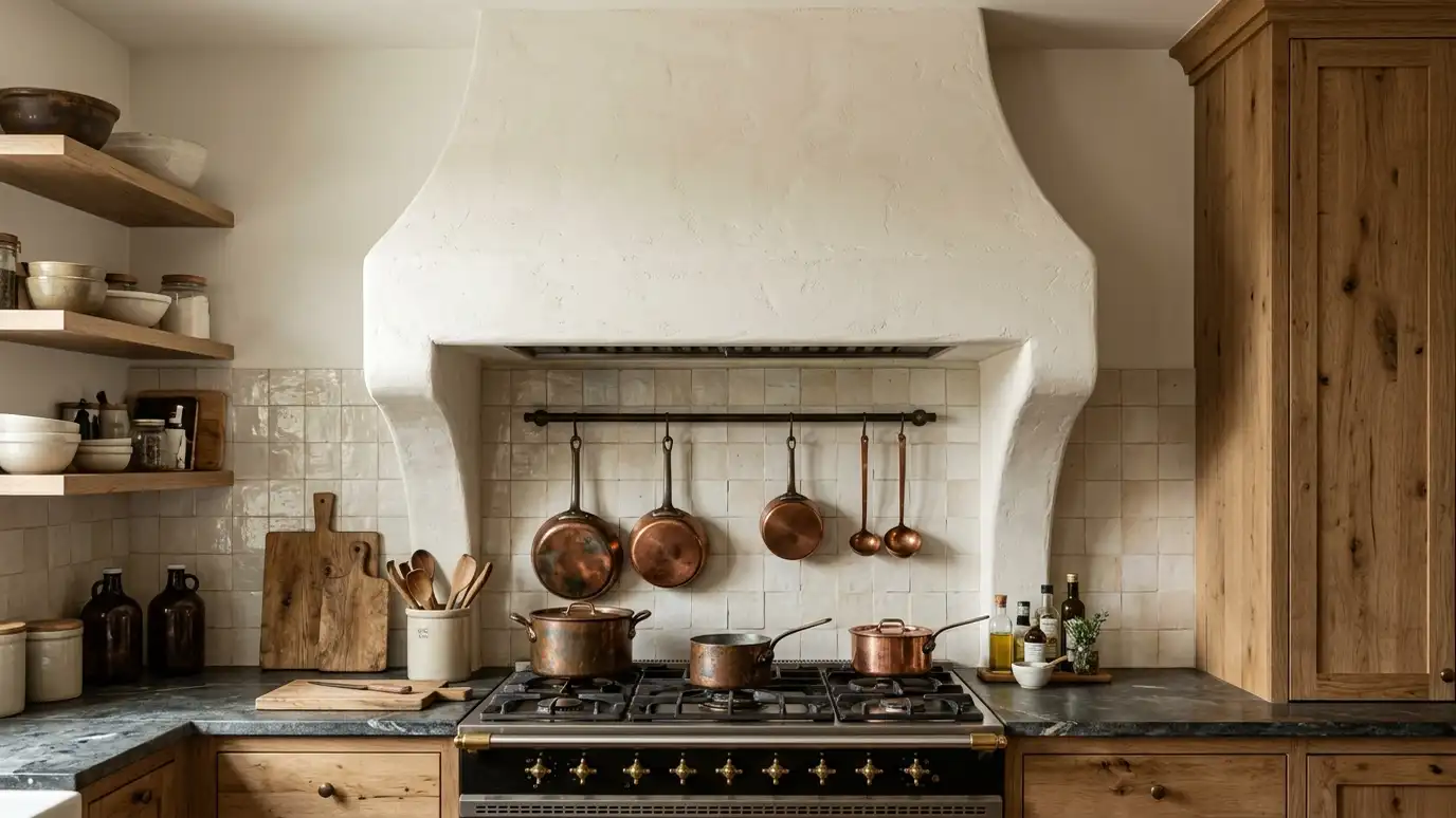 A custom plaster range hood over a gas range with copper pots A custom plaster range hood over a gas range with copper pots
