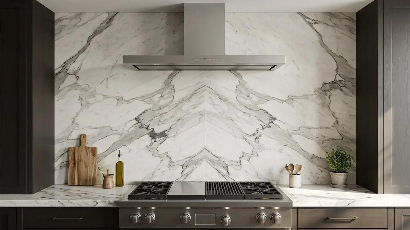 A full-height marble slab backsplash behind a range with a slim hood A full-height marble slab backsplash behind a range with a slim hood
